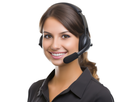 Happy call center assistant wearing headset, cut out