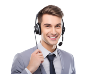 Happy call center assistant wearing headset, cut out