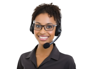 Happy call center assistant wearing headset, cut out