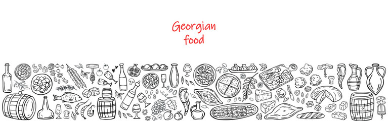Banner of Georgian food on a white background. Georgian traditional cuisine: khachapuri, khinkali, wine, barbecue, nuts, fruits, bread. Vector illustration