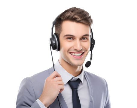 Happy call center assistant wearing headset, cut out