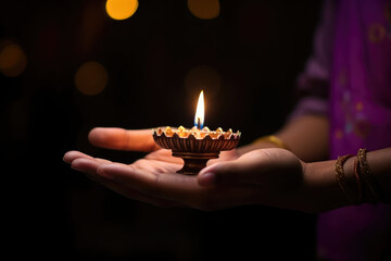 Diwali Hindu Festival of lights celebration. Diya oil lamp lit in woman hands. AI generated