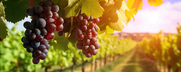Vine grapes on vineyard in sunset light. - obrazy, fototapety, plakaty