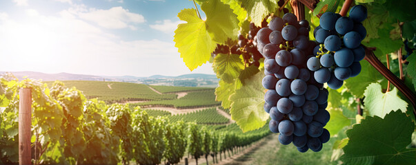 Vine grapes on vineyard in sunset light.