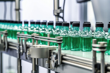 Pharmaceutical manufacture background with glass bottles on automatic conveyor line. Generative AI