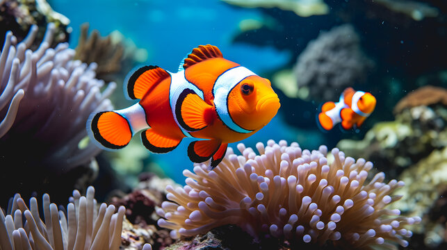 Gros plan sur des poissons clowns dans un aquarium. En arrière plan, il y a des récifs tropicaux.