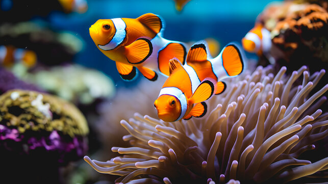 Des poissons-clowns dans un aquarium avec des anémones.