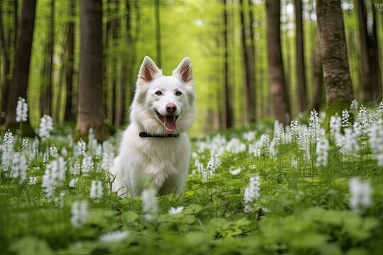 In the spring woodland, this adorable white dog sits amid gorgeous flowering wood anemones. Picture of a young Swiss Shepherd dog in the spring woods. Hiking with your pet