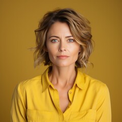Obraz premium Portrait of a serious middle-aged woman with wavy blonde hair. Closeup face of an unhappy senior Caucasian woman on a yellow background. European pensioner woman in a yellow shirt looking at camera.
