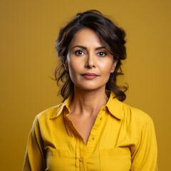 Portrait of a serious middle-aged Indian woman with wavy brown hair. Closeup face of an unhappy senior woman on a yellow background. Indonesian pensioner woman in a yellow shirt looking at the camera.