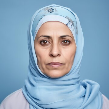 Portrait of a serious middle-aged Muslim woman in a blue hijab. Closeup face of an unhappy senior woman wearing a headscarf on a blue background. Unsmiling calm pensioner woman looking at the camera.