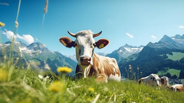 Une vache de ferme dans une prairie &agrave; la montage. 