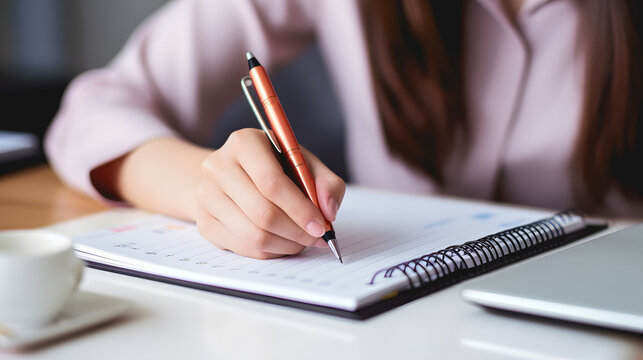 Gros plan sur la main d'une femme en train d'&eacute;crire une note sur un document. 