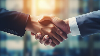 Deux hommes d'affaires en train de se faire une poignée de main lors de la vente d'un contrat pour l'entreprise.  - obrazy, fototapety, plakaty