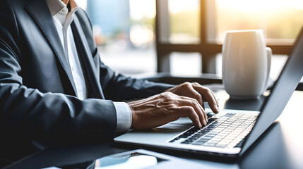 Un homme en costard en train de taper sur son clavier d'ordinateur portable.