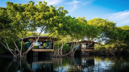 Obraz premium a couple of houses sitting on top of a tree filled river. generative ai