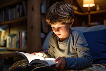 Happy kid sits on couch at home and reads book with enjoy and interest. Back to school, education, learning, reading, lifestyle concept