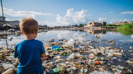 Un enfant réfléchissant à son futur avenir en voyant une catastrophe écologique. 