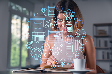 Smiling woman in casual wear taking notes in notebook at office workplace with coffee cup. Concept of distant business education, information technology, dreaming, thinking. Math drawings