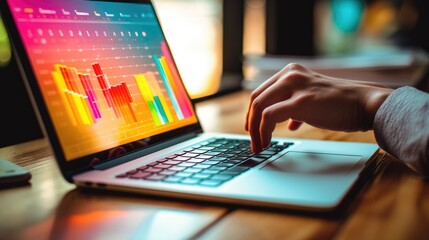 Person's hands typing on a laptop, with analytics dashboard visible on the screen. Generative AI