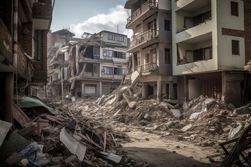 City in chaos after earthquake; buildings cracked, people terrified., generative IA