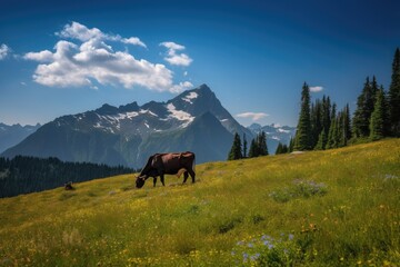 Fototapeta na wymiar Serene landscape: cow grazing, mountain in the background., generative IA