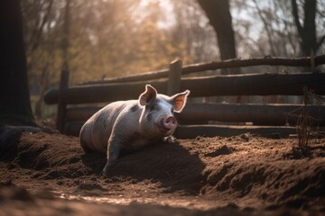 Chubby pink pig in the mud, farm in the background., generative IA