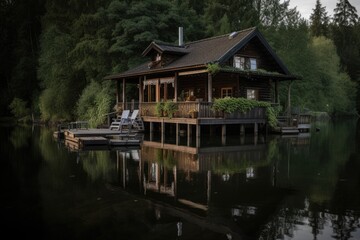 Fototapeta na wymiar Reflective lake house, serene nature., generative IA