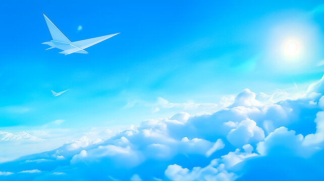 Illustration du concept d'envoi de mail - D&eacute;mat&eacute;rialisation des factures - Avion de papier dans le ciel bleu - G&eacute;n&eacute;rative IA
