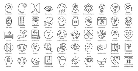 Mental Illness Thin Line Icons Therapy Medical Icon Set in Outline Style 50 Vector Icons in Black