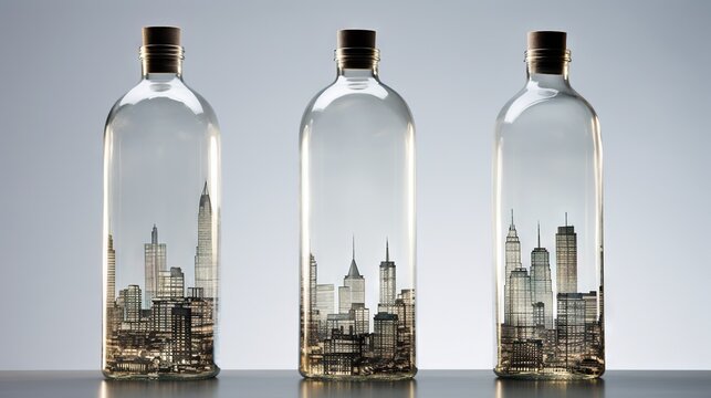  a bottle with a picture of a city inside of it.  generative ai