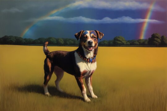 A Painting Of A Dog In A Field With A Rainbow In The Background