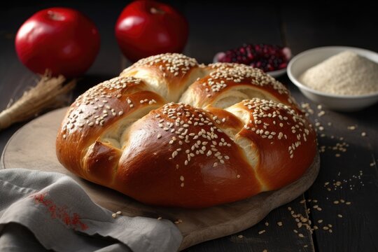 In Jewish cuisine, homemade Challah with a white coating is a well known bread. Eggs, white flour, water, sugar, salt, and yeast are the main ingredients. with pomegranate and sesame seeds