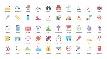 Outdoor Activities Flat Icons Hobbies Sport Icon Set in Color Style 50 Vector Icons
