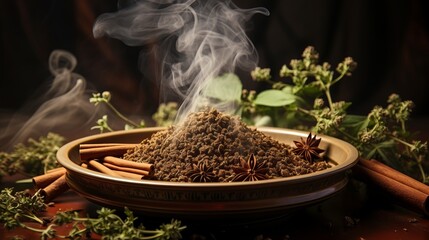 Incense sticks on a stand burn with smoke, expensive aroma in the house, decoration and aromatization of the room with cinnamon and cloves. Concept: meditation and relaxation