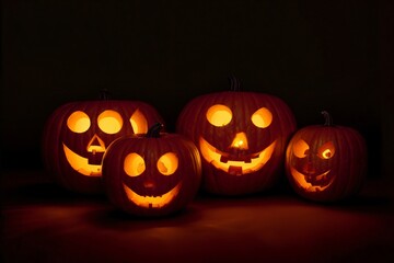 A Group Of Carved Pumpkins Sitting On Top Of A Table