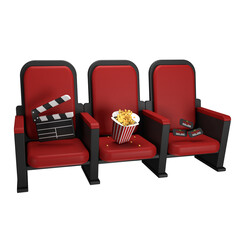 Fototapeta premium 3d icon of theater seats with clapper, pop corn and ticket, red color theater seats, 3d rendering, 3d illustration, 3d blender, 3d icon