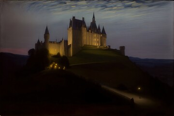 Obraz premium A Castle Lit Up At Night On A Hill