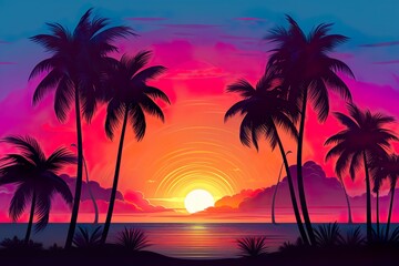 Fototapeta na wymiar Tropical sunset with palm trees silhouette and beautiful dusk colorful sky background. Illustration AI 