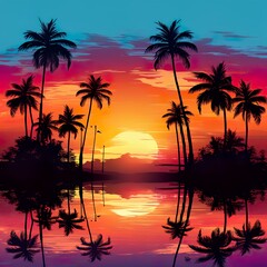 Fototapeta na wymiar Tropical sunset with palm trees silhouette and beautiful dusk colorful sky background. Illustration | Generative AI