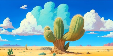 Large and robust cactus in the middle of the desert digital art. Beautiful landscape with sand, clouds and cactus. Horizontal illustration of flat scenery in the middle of the desert. Grand cactus.