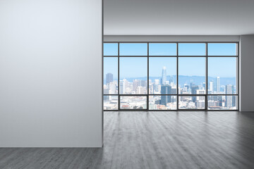 Fototapeta premium Downtown San Francisco City Skyline Buildings from High Rise Window. Beautiful Expensive Real Estate overlooking. Empty room Interior. Mockup wall. Skyscrapers Cityscape. Day. California. 3d rendering