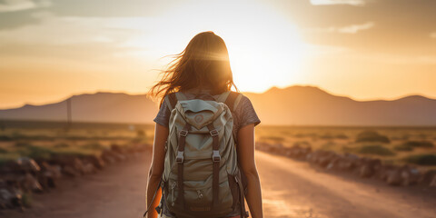 Close up back of female tourist with backpack on road goal sunrise. Hitchhiking, hiking, the beauty of nature.  - obrazy, fototapety, plakaty