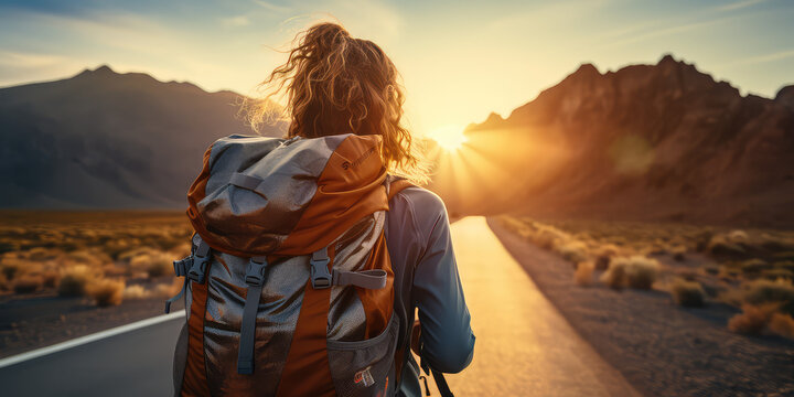 Close up back of female tourist with backpack on road goal sunrise. Hitchhiking, hiking, the beauty of nature. 