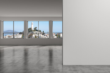 Downtown San Francisco City Skyline Buildings from High Rise Window. Beautiful Expensive Real Estate overlooking. Empty room Interior. Mockup wall. Skyscrapers Cityscape. Day. California. 3d rendering