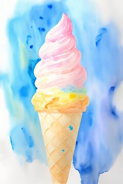 A Watercolor Painting Of An Ice Cream Cone