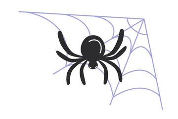 Spider on spider webs flat simple illustration. Insect vector graphic silhouette. Halloween decoration isolated on white background. 