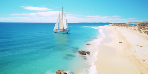 Coastal adventure, Beautiful beach with sailing boat, embracing active lifestyle. A sailing boat docked on the beach, nobody. Horizontal wallpaper.