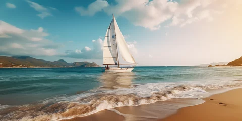 Wandaufkleber Coastal adventure, Beautiful beach with sailing boat, embracing active lifestyle. A sailing boat docked on the beach, nobody. Horizontal wallpaper. © dinastya