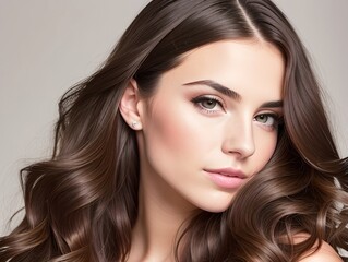 Fototapeta premium Beautiful woman with long shiny brunette hair, generative ai